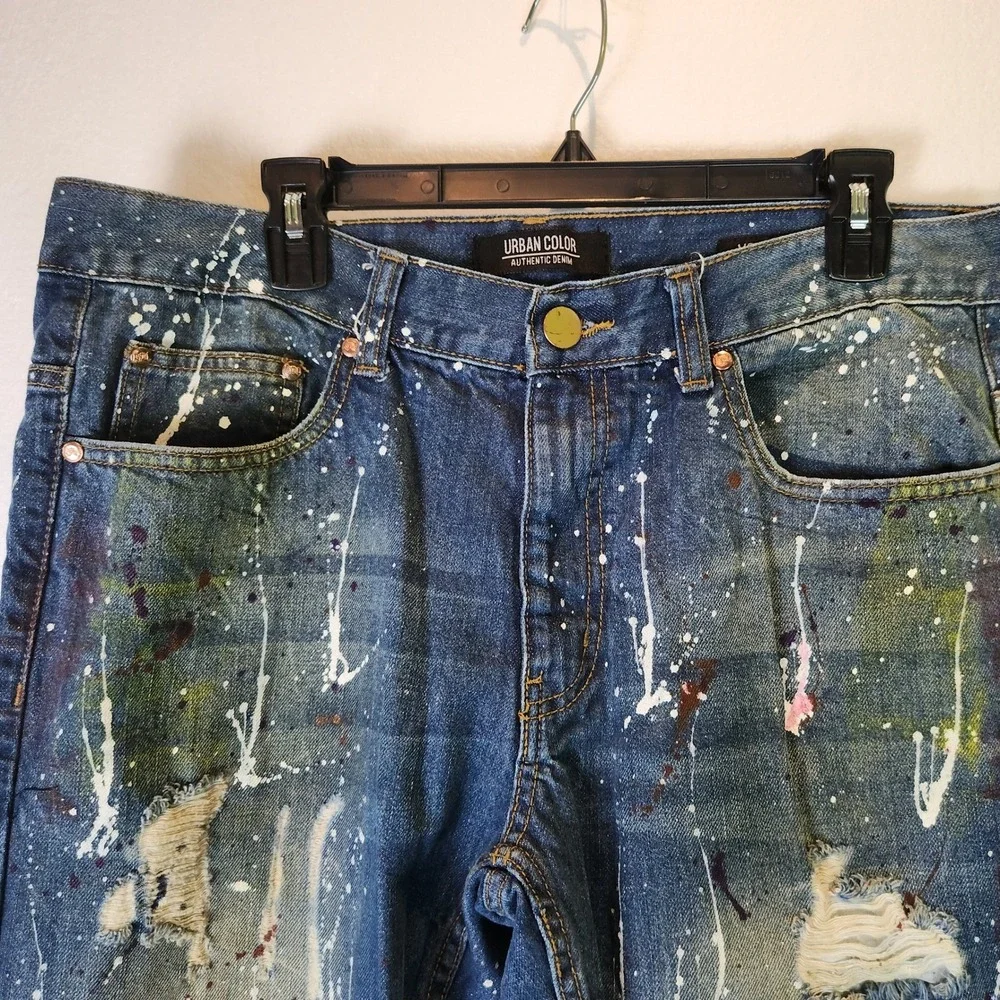 Urban Color Jeans Paint Splatter Distressed‎ Blue Denim Streetwear 36x32
